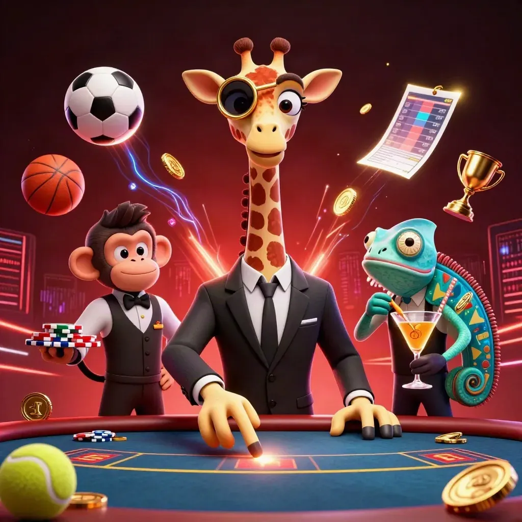 Giraffe, monkey, and chameleon at a VIP poker table amid flying sports balls and neon casino light.
