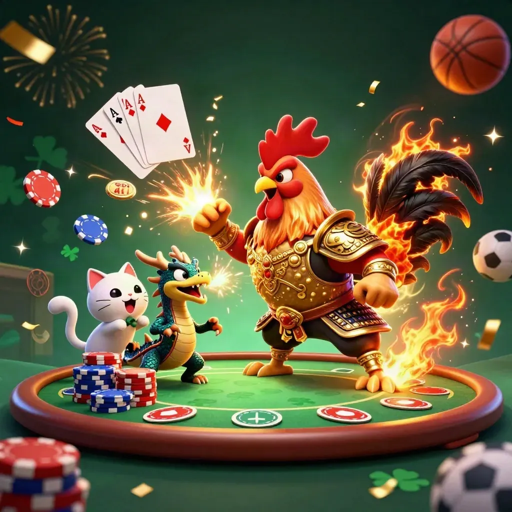Rooster samurai, dragon hatchling, and fortune cat amid casino cards, chips, sparks, and neon glow.