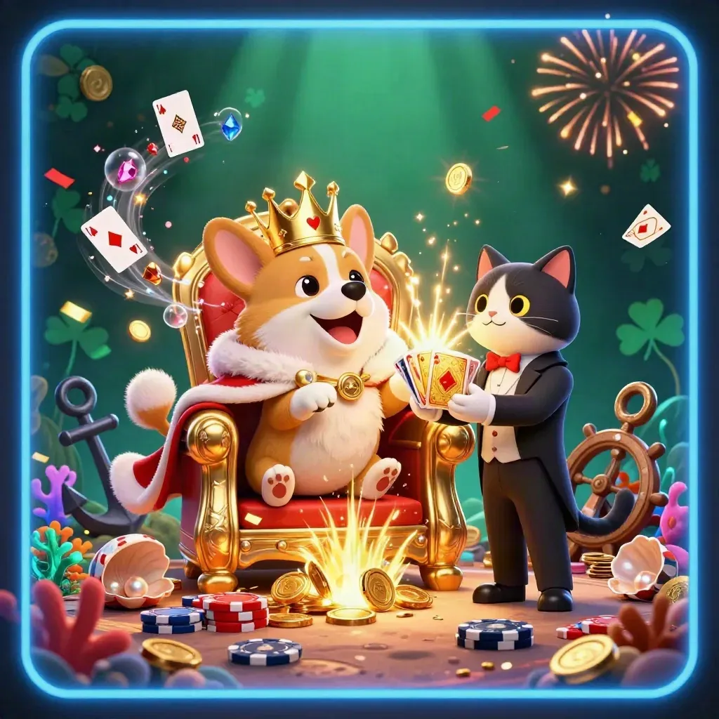 Royal corgi on chip throne with cat butler in a treasure cove, coins and gems bursting around them.