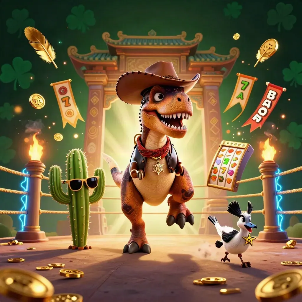 Cowboy T-Rex, cactus sidekick, and sheriff roadrunner amid casino relics and neon-blue effects.