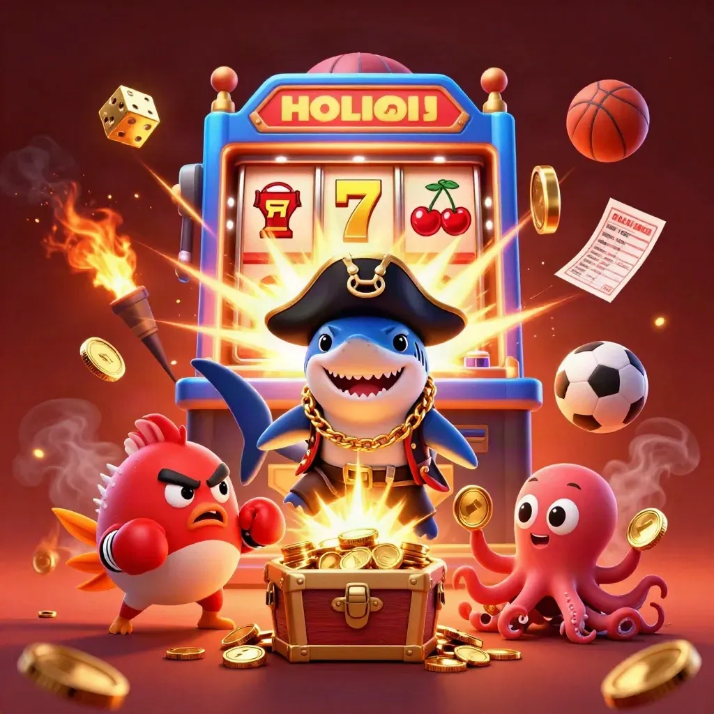 Shark captain, pufferfish, and octopus amid slot burst, gold coins, dice, and fireworks.