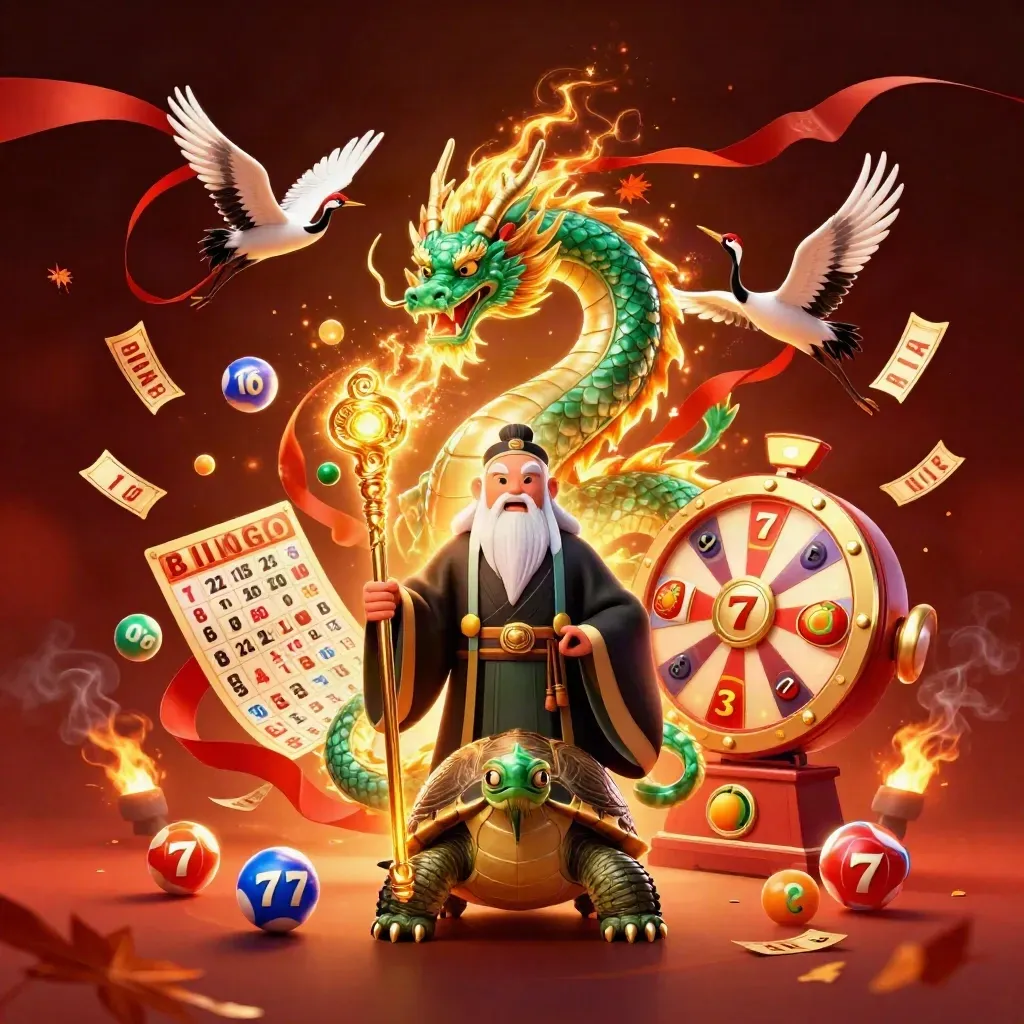 Emerald dragon, sage turtle and cranes amid fiery casino symbols and glowing embers.