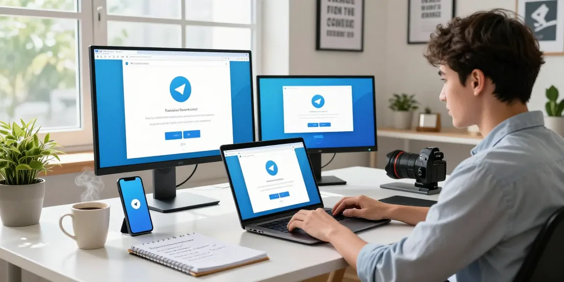 Explore Telegram download setup at a modern tech workspace with devices and tutorial visuals.