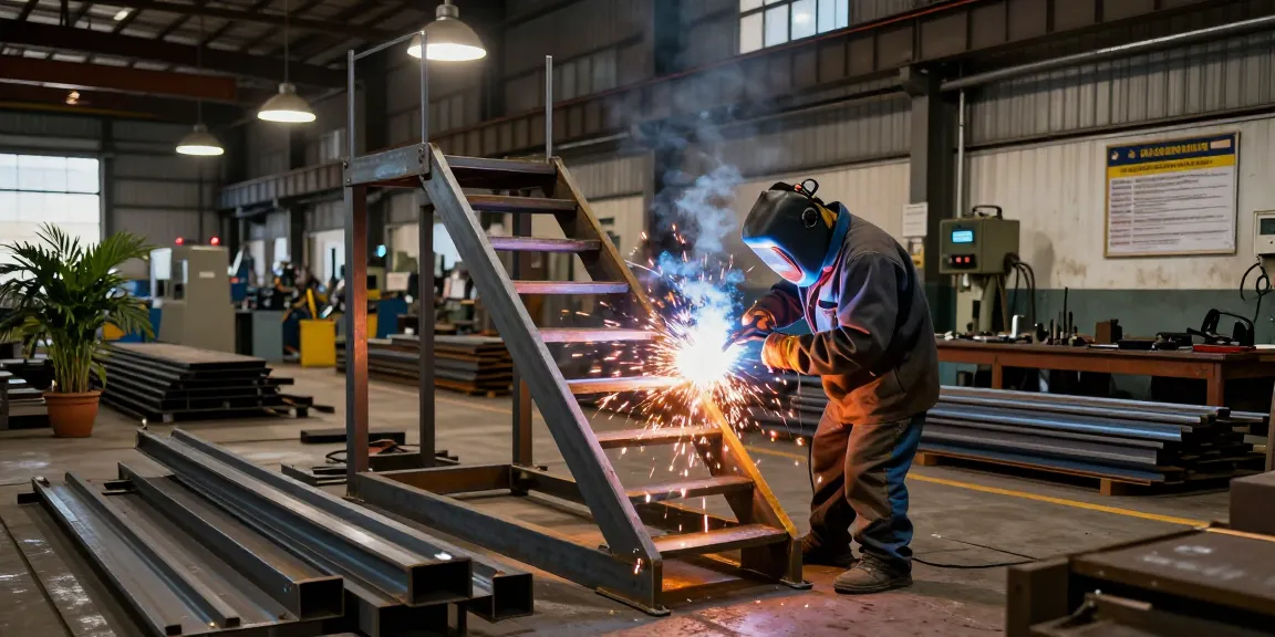 Custom metalwork by a commercial steel company in Vancouver with skilled metalworker welding stairs amidst industrial tools.